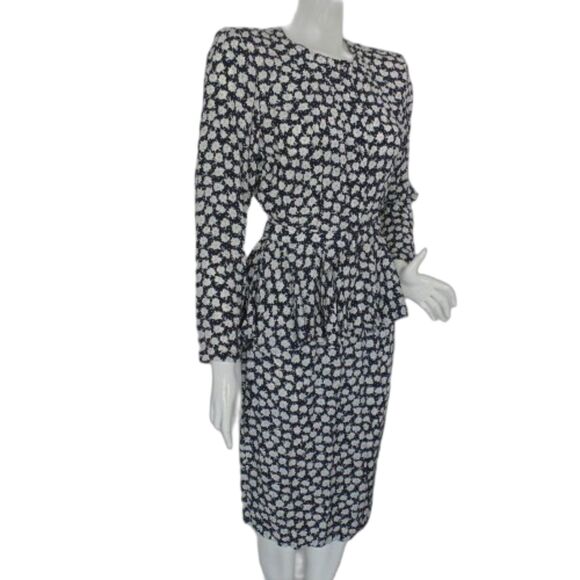 Vintage Skirt Set, XS, 3 piece, Top/Skirt/Belt, Blue Floral Rayon, Peplum, LS - Picture 2 of 12